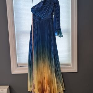 Elegant One-Shoulder Ombre Dress in Blue and Yellow - Ieena for Mac Duggal